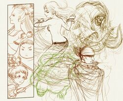  1boy 4girls back bad_id bad_link barbariccia cagnazzo cindy_magus cocura everyone final_fantasy final_fantasy_iv knife lolicon magus_sisters mindy_magus monochrome monster multiple_girls ponytail rubicante sandy_magus scarmiglione siblings sisters sketch 