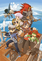  2boys 2girls absurdres cleru cloud day hair_through_headwear highres horns kutty multiple_boys multiple_girls official_art ootsuka_shin&#039;ichirou pantyhose pink_hair pointy_ears pratty rasho red_hair single_horn sky sugarette summon_night summon_night:_swordcraft_story sword weapon zantek 