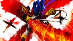  bad_id bad_pixiv_id battle digimon digimon_(creature) digimon_xros_wars drill fire highres horns mecha monster no_humans robot shoutmon_x4 sword tokiteto weapon 