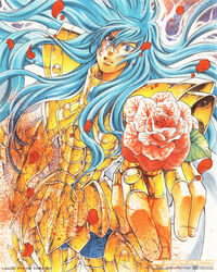  1boy absurdres armor blue_eyes blue_hair facial_mark flower gold_armor gold_saint highres long_hair male_focus petals pisces_albafica rose rose_petals saint_seiya saint_seiya:_the_lost_canvas solo teshirogi_shiori 