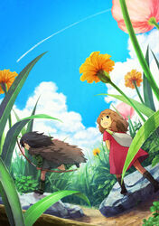  1boy arrietty bad_id bad_pixiv_id black_hair bow brown_hair couple female flower highres karigurashi_no_arrietty mini_person miniboy minigirl outdoors photoshop_(medium) rinko_(sky) spiller straight 