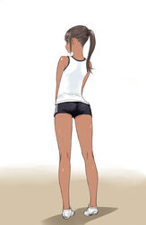  ass brown_hair buruma commentary_request dark-skinned_female dark_skin female from_behind full_body gym_uniform kneepits legs original pigeon-toed poin_(hidsuki) ponytail shoes simple_background solo standing tan 