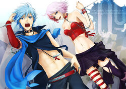  1boy belt black_thighhighs blue_eyes blue_hair blue_nails bustier chains choker commentary_request crop_top cuffs feathers female hagane_vocaloid handcuffs isamine_kaito jewelry kaito_(vocaloid) lingerie meiko_(vocaloid) midriff momopanda multicolored_hair nail_polish navel open_mouth pink_hair ring sakerune_meiko single_thighhigh skirt spikes tattoo thighhighs torn_clothes torn_thighhighs two-tone_hair underwear vocaloid wrist_cuffs 