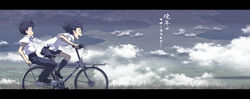  1boy bicycle black_hair cloud commentary commentary_request female grass highres letterboxed multiple_riders o&#039;neill_cylinder original pillion riding scenery science_fiction short_hair skirt space_habitat tsukuba_masahiro 