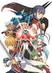  1other 2girls 3boys air_colthearts androgynous annotated arno dark_skin demon_girl dina edge_colthearts everyone green_hair highres horns leki_(summon_night) mecha multiple_boys multiple_girls official_art oni ootsuka_shin&#039;ichirou photoshop_(medium) pointy_ears robot ryouga silver_hair summon_night summon_night_swordcraft_story_2 sword thighhighs weapon y-xe-ld 