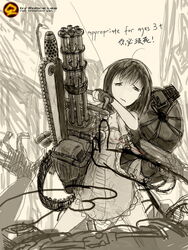  ahoge chainsaw chinese_commentary commentary_request dress english_text female fingerless_gloves flamethrower frown gatling_gun gloves gun highres monochrome original robce_lee short_hair sketch solo weapon 