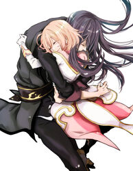  1boy belt black_hair closed_eyes commentary_request couple estellise_sidos_heurassein female gloves hug kmikan long_hair short_hair smile straight tales_of_(series) tales_of_vesperia thighhighs white_background yuri_lowell 