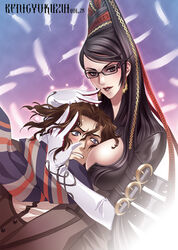  1boy bayonetta bayonetta_(series) bayonetta_1 between_breasts black_hair blue_eyes blush breast_smother breasts brown_hair carnelian couple elbow_gloves face_to_breasts female glasses gloves hair_ribbon large_breasts long_hair looking_at_breasts luka_redgrave mole mole_under_mouth photoshop_(medium) ribbon scarf straight sunglasses 