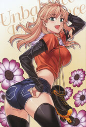  :d anemone_(flower) antenna_hair arm_behind_head arm_up ass back belt black_thighhighs blonde_hair blush breasts caroline copyright_name crop_top cutoffs denim denim_shorts female fingernails floating_hair flower gradient_background green_eyes hand_on_own_head hand_on_own_hip highres hood hoodie inline_skates large_breasts layered_sleeves leaning_forward lips long_fingernails long_hair long_sleeves looking_at_viewer looking_back midriff official_art open_mouth outline parted_bangs pose profile roller_skates scan shadow shiny_skin shirt short_over_long_sleeves short_shorts short_sleeves shorts skates smile solo soo-hyon_lee standing thick_thighs thighhighs thighs unbalance_unbalance yellow_background 