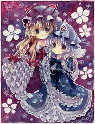  2girls commentary_request hat looking_at_viewer multiple_girls niko_(2ars) saigyouji_yuyuko touhou yakumo_yukari 