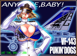  2006 aircraft airplane bikini bikini_top_only blonde_hair blue_eyes breasts breasts_out cleavage commentary_request f-14_tomcat female gloves hamon_ai hand_on_own_hip hat huge_breasts jet military military_uniform open_clothes open_shirt original salute shirt short_hair solo swimsuit underboob uniform 