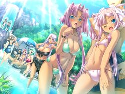  6+girls bikini blue_eyes blush breasts cleavage dark-skinned_female dark_skin flat_chest game_cg hikage_eiji hongou_kazuto kannei katagiri_hinata koihime_musou kougai large_breasts light_rays midriff multiple_girls navel one-piece_swimsuit one_eye_closed pink_hair rikuson ryomou school_swimsuit shuutai shuuyu side-tie_bikini_bottom sonken sonsaku sonshoukou sunbeam sunlight swimsuit tan umbrella water waterfall 