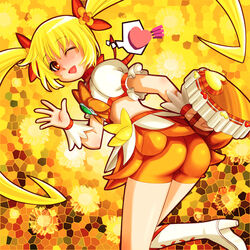  ass blonde_hair boots bow choker commentary_request cure_sunshine ebi_tendon female flower hair_ribbon heart heartcatch_precure! instrument knee_boots long_hair magical_girl midriff myoudouin_itsuki one_eye_closed orange_bow orange_choker orange_eyes photoshop_(medium) precure ribbon shiny_tambourine_(heartcatch_precure!) skirt solo sunflower tambourine twintails wrist_cuffs yellow_background yellow_theme 