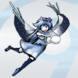  arm_cannon blue_eyes blue_footwear blue_hair cape circled_9 cirno commentary_request female flower hair_flower hair_ornament if_they_mated long_hair reiuji_utsuho solo thighhighs touhou tren weapon wings 