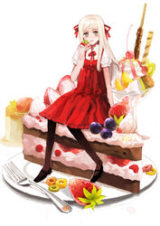  arm_support bad_id bad_pixiv_id blonde_hair blueberry cake cherry dress eating female food fork fruit ice_cream in_food khj kiwi_(fruit) long_hair mini_person minigirl open_mouth original pantyhose photoshop_(medium) plate red_dress sitting solo strawberry 