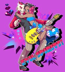  1boy agfepunk03 barefoot blue_eyes brown_hair commentary_request dark_skin female flower guitar hair_ornament instrument phoebe_(pokemon) pokemon red_eyes red_hair short_hair sidney_(pokemon) 