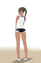  black_buruma brown_hair buruma commentary_request dark-skinned_female dark_skin female from_behind full_body gym_uniform kneepits original pigeon-toed poin_(hidsuki) ponytail shoes shorts_tan simple_background solo standing tan tanlines 