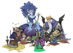  2girls 4boys alpha_gamboa arched_crown armor bare_shoulders belderiver blonde_hair blue_skin bone butterfly_wings cake cape card card_with_aura chains cherry colored_skin commentary crossbow crown dress edmund_(odin_sphere) elfaria_(odin_sphere) english_commentary floating_card food fruit gauntlets ghost gloves gold gold_crown holding holding_card insect_wings king_valentine multiple_boys multiple_girls odette_(odin_sphere) odin_(odin_sphere) odin_sphere onyx_(odin_sphere) photoshop_(medium) pillow playing_games pointed_crown pointy_ears polearm red_crown smile spear sword treasure turkey_(food) weapon wings 