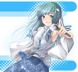  aqua_eyes aqua_hair bad_id bad_pixiv_id detached_sleeves female fingernails foreshortening frog grey_nails hair_ornament highres kochiya_sanae long_hair looking_at_viewer metalwasabi microphone nail_polish open_mouth photoshop_(medium) pointing pointing_at_viewer ribbon smile snake solo touhou triance_code 