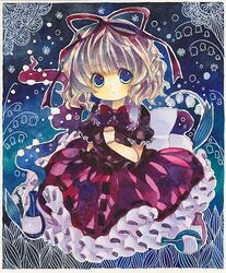  blonde_hair blue_eyes commentary_request doll_joints dress female flower frills gathers joints lace lily_of_the_valley lowres medicine_melancholy millipen_(medium) niko_(2ars) ribbon short_hair solo touhou traditional_media 