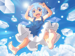  :d accessory_tan armpits arms_up barefoot blue_bow blue_eyes blue_hair bow cirno cloud commentary_request danmaku day dress feet female hairbow happy ice open_mouth photoshop_(medium) salute shimouki_izui shirt_tan short_hair shorts_tan sky smile soles solo tan tanlines touhou 