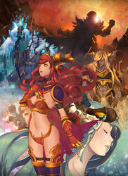  2girls 3boys alexstrasza armor bikini_armor closed_eyes commentary_request deathwing gloves glowing glowing_eyes green_hair horns lens_flare lips long_hair malygos md5_mismatch multiple_boys multiple_girls nal_(nal&#039;s_pudding) nozdormu photoshop_(medium) pointy_ears red_hair siblings sisters thighhighs warcraft world_of_warcraft ysera 