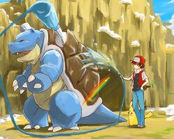  1boy bad_id bad_pixiv_id baseball_cap black_hair blastoise brush closed_eyes hat hose mt._silver natsuno_hamuto pikachu plant pokemon pokemon_(creature) pokemon_rgby rainbow red_(pokemon) red_eyes snow vines water 