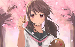  art_brush brown_eyes brown_hair cherry_blossoms commentary_request female light_rays looking_at_viewer naono original paintbrush painting_(action) palette_(object) petals photoshop_(medium) pink_eyes school_uniform serafuku smile solo sunbeam sunlight tree wind 