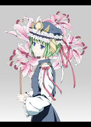  blue_eyes female flower frills gradient_background green_hair grey_background hat letterboxed lily_(flower) oumi_(rsag) photoshop_(medium) rod_of_remorse shiki_eiki short_hair simple_background solo touhou wide_sleeves 