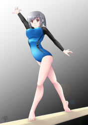  aqua_elf balance_beam barefoot breasts brown_eyes commentary_request feet female grey_hair gymnastics large_breasts legs lens_flare leotard shirt solo taut_clothes taut_shirt 