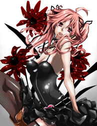  bare_shoulders belt black_dress commentary_request dress fangs female fishnets flower frills goth_fashion head_tilt kmikan lace latex lipstick long_hair makeup pink_eyes pink_hair shiki_(novel) shimizu_megumi solo thighhighs twintails zettai_ryouiki zipper 