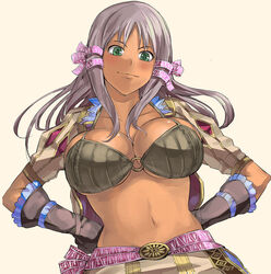  atelier_(series) atelier_totori belt bikini bikini_top_only blush breasts cleavage dark-skinned_female dark_skin female fura gloves green_eyes hair_ribbon hands_on_own_hips large_breasts long_hair mervia_siebel midriff o-ring o-ring_top open_clothes open_shirt ribbon shirt silver_hair simple_background smile solo swimsuit tress_ribbon underboob 