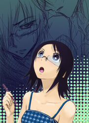  1boy :o bare_shoulders black_hair blue_eyes camisole collarbone commentary_request female fujiyoshi_harumi glasses itoshiki_nozomu junshi_(junbox) looking_up open_mouth pencil sayonara_zetsubou_sensei short_hair sweatdrop upper_body 