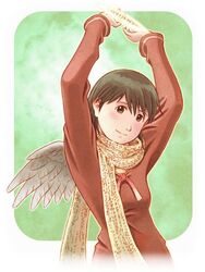  aaru_sentou_shuudan angel brown_hair commentary_request female haibane_renmei halo rakka_(haibane) rounded_corners scarf short_hair solo wings 