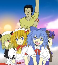  1boy 4girls blonde_hair blue_eyes bow cirno commentary_request drill_hair fuani_(8maki_usagi) luna_child matsuoka_shuuzou multiple_girls red_eyes smile star_sapphire sun sunny_milk touhou 