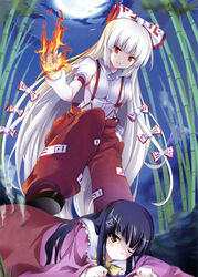  &gt;:( 2girls :&gt; :d ;( absurdres anger_vein angry annoyed bamboo bamboo_forest black_hair blunt_bangs bow bowtie breasts brown_eyes cloud dress fire flaming_hand forest frown fujiwara_no_mokou full_moon hairbow hand_in_pocket highres hime_cut houraisan_kaguya impossible_clothes impossible_shirt long_hair looking_down lying medium_breasts moon multiple_girls nature night night_sky on_floor on_stomach open_mouth outdoors pants photoshop_(medium) puffy_sleeves red_eyes ribbon shirt shoes skirt sky smile smoke stepped_on straight_hair suspenders tomusooya touhou v-shaped_eyebrows very_long_hair white_hair 