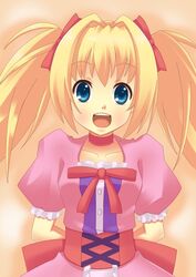  arms_behind_back blonde_hair blue_eyes choker commentary_request corset densetsu_no_yuusha_no_densetsu dress female hair_ribbon iris_eris photoshop_(medium) ponishi. ribbon solo twintails 