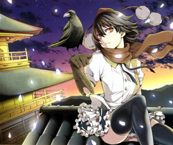  architecture bird bird_on_hand black_hair black_thighhighs crow east_asian_architecture expressionless female gloves hat highres kinkaku-ji looking_at_viewer pagoda photoshop_(medium) red_eyes scarf shameimaru_aya short_hair sitting skirt sky solo thighhighs tokin_hat touhou uousa-ou zettai_ryouiki 