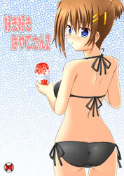  alternate_hairstyle ass bikini blue_eyes brown_hair commentary_request female food lask looking_back lyrical_nanoha mahou_shoujo_lyrical_nanoha_strikers mouth_hold ponytail shaved_ice short_hair solo swimsuit yagami_hayate 