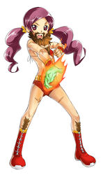  beard bearded_girl bikini bikini_top_only brown_facial_hair chest_hair cosplay crossover facial_hair female fire flat_chest ge-b hanasaki_tsubomi heartcatch_precure! highres long_hair photoshop_(medium) precure purple_eyes purple_hair red_bikini scar solo street_fighter swimsuit twintails zangief zangief_(cosplay) 