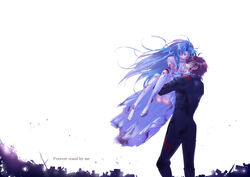  1boy ass bad_id bad_pixiv_id bandages blood blue_hair breasts bride carrying chidori_kaname cleavage closed_eyes couple dress elbow_gloves female full_metal_panic gloves grin long_hair medium_breasts open_mouth pilot_suit princess_carry sagara_sousuke smile straight thighhighs torn_clothes wedding_dress white_thighhighs yuzuki_kisa 