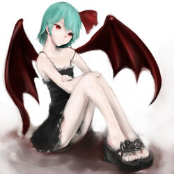  alternate_hair_color aqua_hair bare_shoulders bat_wings black_dress casual commentary_request dress female goichi grin hair_ribbon head_tilt legs partial_commentary platform_footwear platform_heels red_eyes remilia_scarlet ribbon sandals sitting smile solo strap_slip touhou wings 