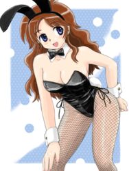  :d animal_ears blue_eyes breasts brown_hair cleavage commentary_request female fishnet_pantyhose fishnets kitazaki_mayuki leaning_forward long_hair looking_to_the_side marison_(aono107) open_mouth original pantyhose playboy_bunny rabbit_ears smile solo 