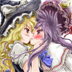  2girls @_@ assertive_female blonde_hair blush braid brown_eyes commentary_request crescent crescent_hat_ornament eye_contact hat hat_ornament hat_ribbon head_hold kirisame_marisa kissing long_hair looking_at_another lowres multiple_girls nanashii_(soregasisan) oekaki patchouli_knowledge purple_eyes purple_hair ribbon surprised touhou unworn_hat unworn_headwear witch_hat yuri 