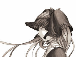  commentary_request female flower hair_flower hair_ornament hane_wa_nai_kedo_watashi_wa_toberu_(vocaloid) hatsune_miku long_hair medieval monochrome portrait profile rose sepia simple_background solo twintails veil vocaloid watari_taichi 