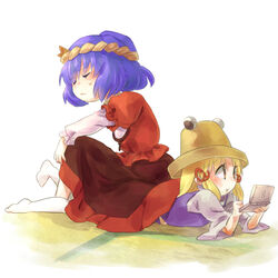  2girls blonde_hair blue_hair closed_eyes commentary_request handheld_game_console hat long_skirt lying mafuyu_hemp moriya_suwako multiple_girls nintendo_ds on_stomach playing_games short_hair sitting skirt touhou under_skirt yasaka_kanako 