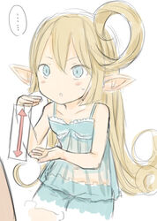  ... arrow_(symbol) bare_shoulders blonde_hair blue_eyes charlotta_(granblue_fantasy) commentary_request curly_hair eyes_visible_through_hair female granblue_fantasy harvin long_hair looking_at_another out_of_frame pointy_ears see-through solo_focus spoken_ellipsis walkalone 