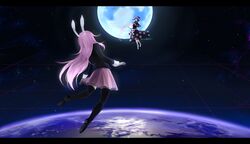  2girls animal_ears black_dress black_legwear blue_hair bobby_socks book capelet commentary doremy_sweet dream_soul dress earth_(planet) english_commentary euphori_cat flying from_behind grid hat highres jacket letterboxed loafers long_hair long_sleeves looking_at_another moon multiple_girls nebula nightcap no_shoes open_book pink_skirt planet pleated_skirt pom_pom_(clothes) purple_hair rabbit_ears reisen_udongein_inaba shoes short_hair short_sleeves skirt socks space star_(sky) suit_jacket tail thighhighs touhou zettai_ryouiki 