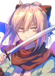  ahoge commentary_request fate/grand_order fate_(series) female hair_between_eyes highres hikari50503 katana okita_souji_(fate) okita_souji_(koha-ace) red_scarf scarf solo sword upper_body weapon white_background 