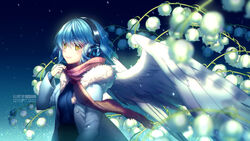  angel_wings artist_name blue_hair coat feathered_wings flower headphones open_clothes open_coat original plaid plaid_scarf rosuuri scarf short_hair snowbell_(flower) solo wings winter_clothes winter_coat yellow_eyes 